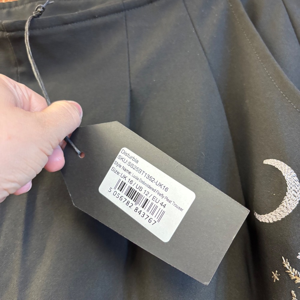 Disturbia Lucia Embroidered Firefly Pleat Trousers Black Wide Leg US 12 NEW - Picture 3 of 9